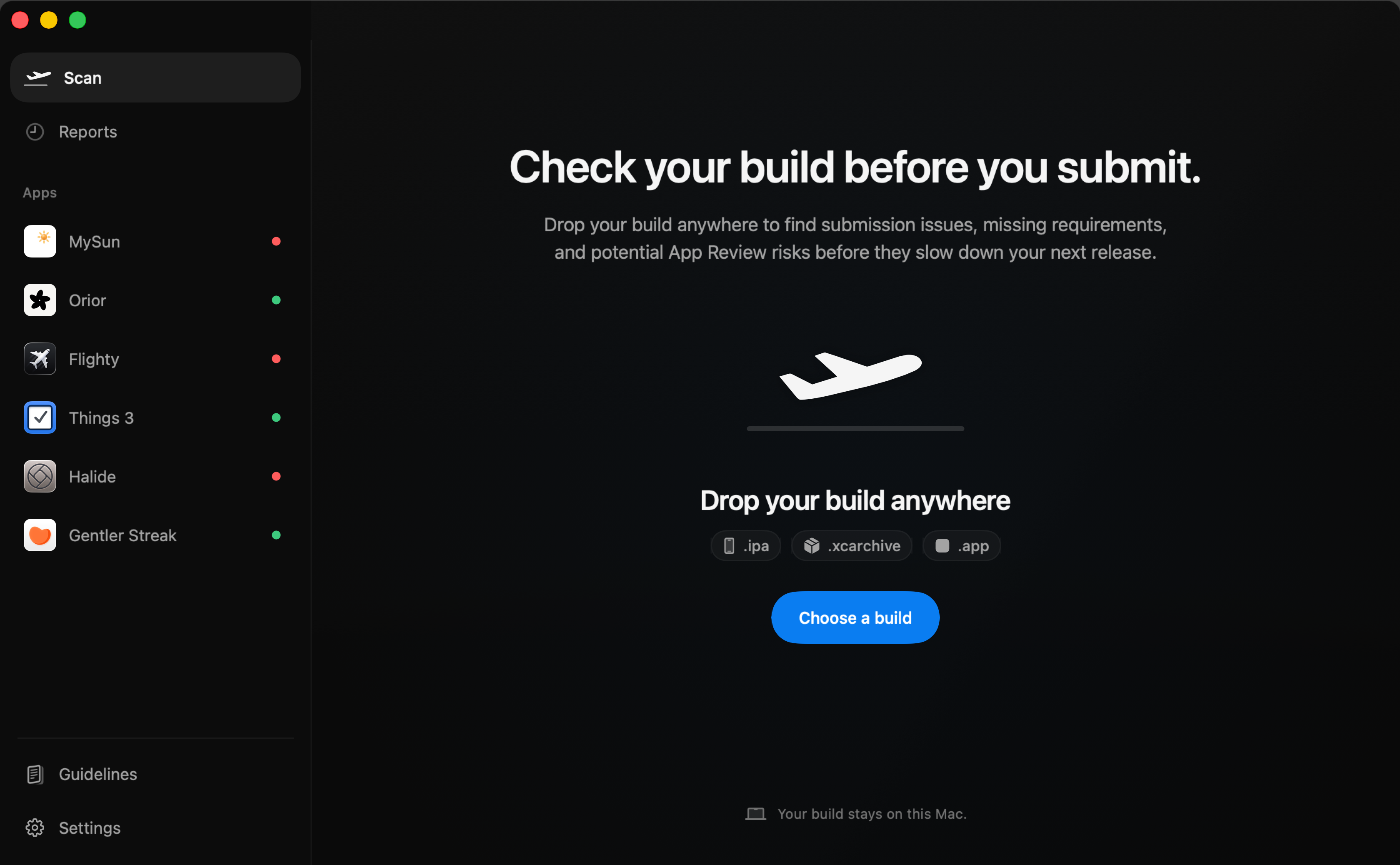 Submitlane home screen with six scanned apps in the sidebar and the build drop area ready for a new scan